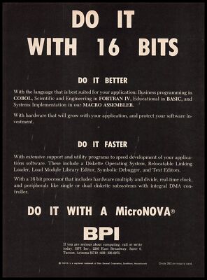 1977 BPI Inc. Tucson Arizona ''Do It With 16 Bits'' MicroNOVA Processors Print Ad