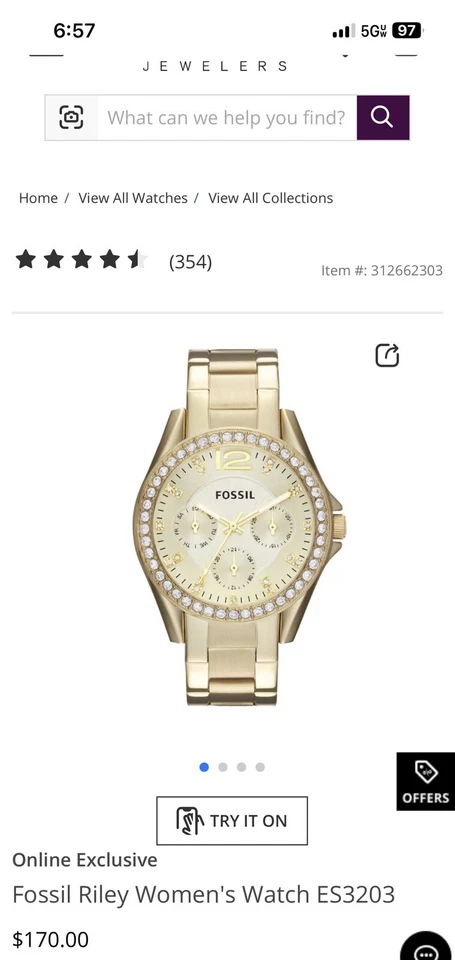 Fossil Riley Watch Day Date 38mm Gold Tone Case Dial Band ES3203 Gem Set - Image 4 of 4