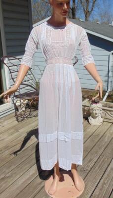 Edwardian 1910s White Fancy Lawn Dress Pin Tucks Open Work Lace Xs/Sm 