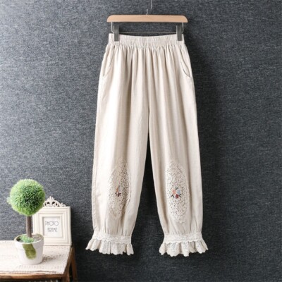 Women Bloomers Cropped Trousers Mori Pants Japanese Lolita Lace Trim Embroidered