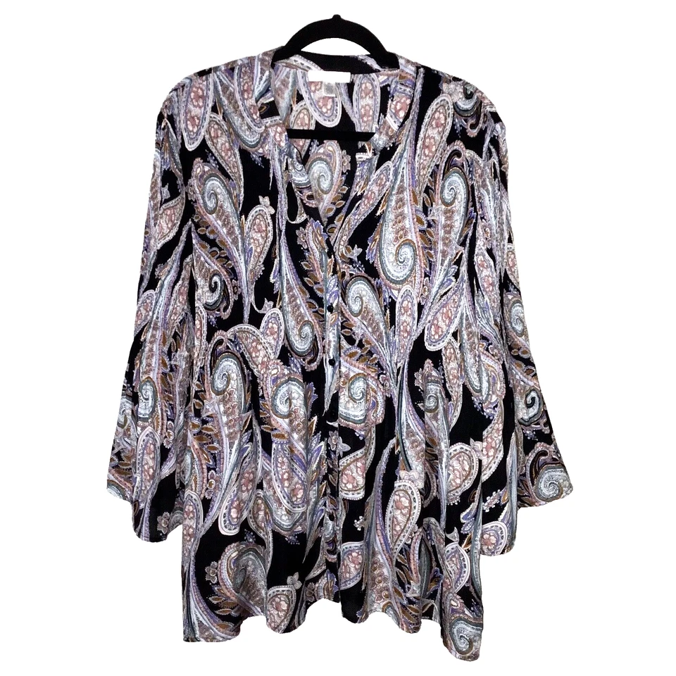 Top túnica Spense para mujer Plus 3X multicolor estampado cachemira botones manga acampanada Foto 2 de 4