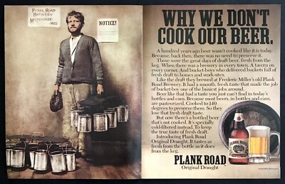 1985 Miller Plank Road Brewery Beer Bottle photo ''Not Cooked'' 2-page print ad