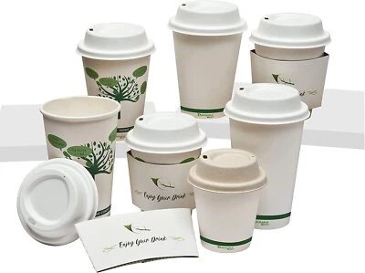 4/6/10/12/16oz Compostable White Single Wall Coffee Cups & Sip Lids & Sleeves
