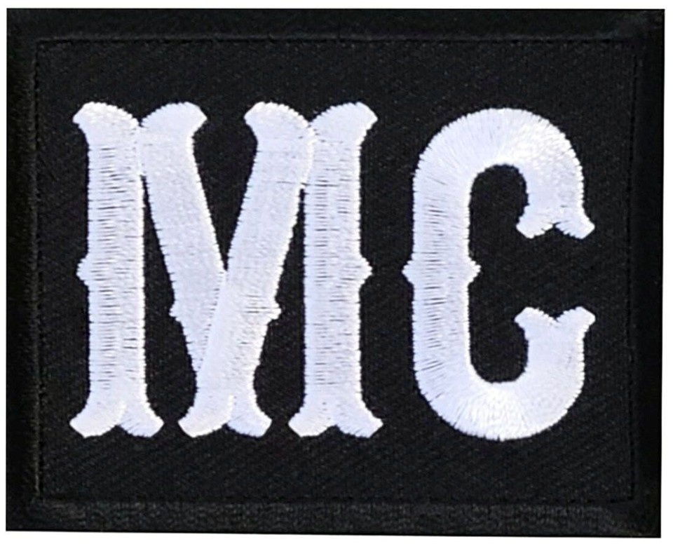 White on Black MC Motorcycle Club Patch | 2PC iron on or Sew on 2.5
