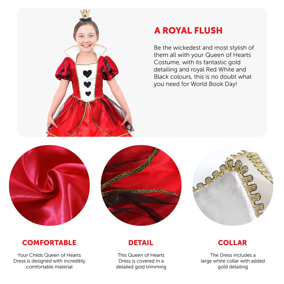 GIRLS QUEEN OF HEARTS COSTUME FANCY DRESS WONDERLAND KIDS ALICE WORLD BOOK DAY - Image 2 of 4