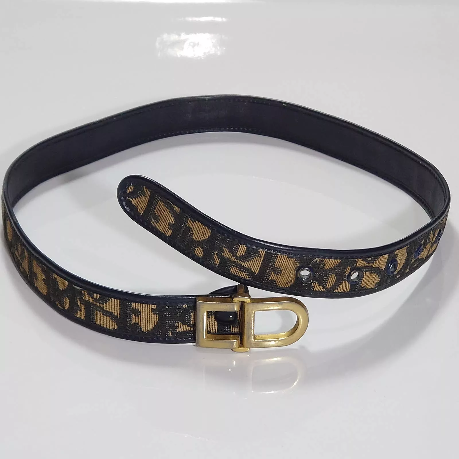 Kit ceinture vintage années 90 Christian Dior toile skinny 65 S avec boucle CD bleu marine