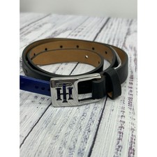 Tommy Hilfiger Womens Black Synthetic Leather Silver Logo Buckle Dress Belt XS