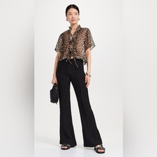 NWT Ganni Black Viscose Stretch Crepe Flared Pants Textured Pintuck Size 34