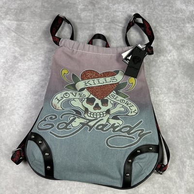 NEW Ed Hardy Canvas Backpack with Skull & Heart Ed Hardy Black Heart Skull Backpack With Red | Mercari main image 3