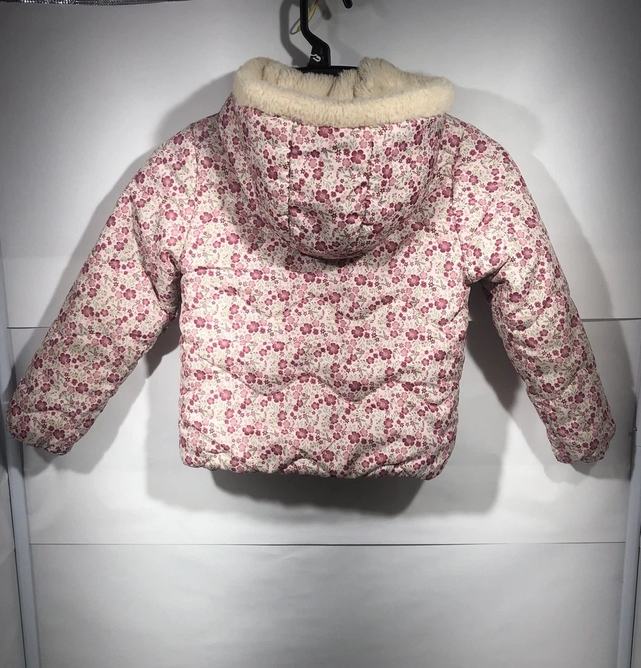 TAHARI Puffer Jacket Girls 5 Hooded Faux Fur Lined Floral Pink Beige Outdoors - Image 3 of 4