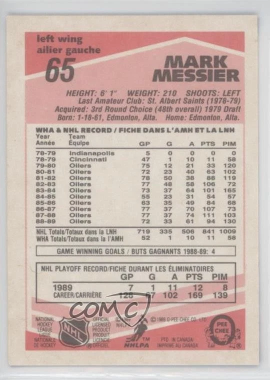 1989-90 O-Pee-Chee Tembec Test Mark Messier #65 HOF - Image 2 of 2