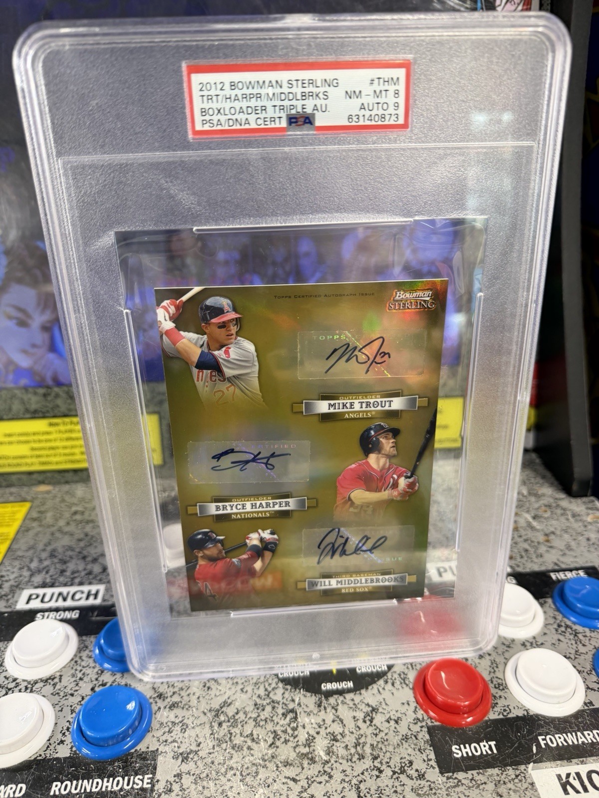 2012 Bowman Sterling Mike Trout Bryce Harper Boxloader Triple Auto Rookie RC PSA view 6