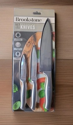Brookstone Essential 3pc. Chef Knife Set Full-Tang Stainless Steel w/Sheath -NEW