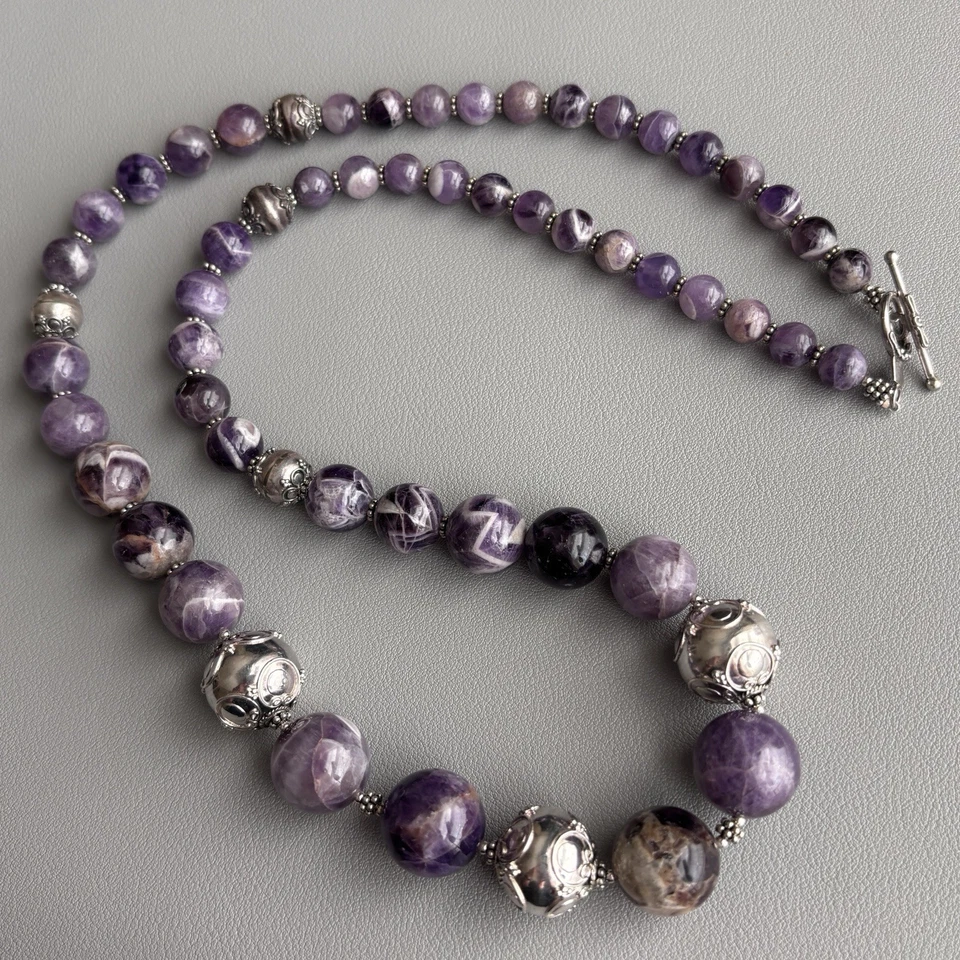 Meran 925 Sterling Purple Amethyst Graduated Bead Necklace Chunky Scroll Beads - Image 2 of 4