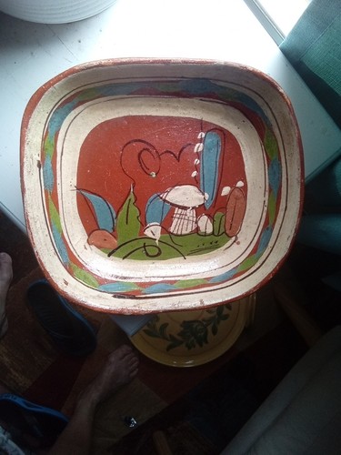 Vassoio piatto ceramica arte popolare messicana vintage dipinto a mano 7,75"x6,75"x1,5" - Foto 2 di 12