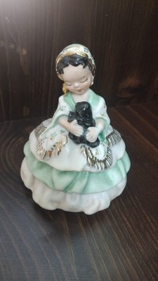 Porcelain Girl Figurine Holding Dog Green White Floral Collectible Sculpture