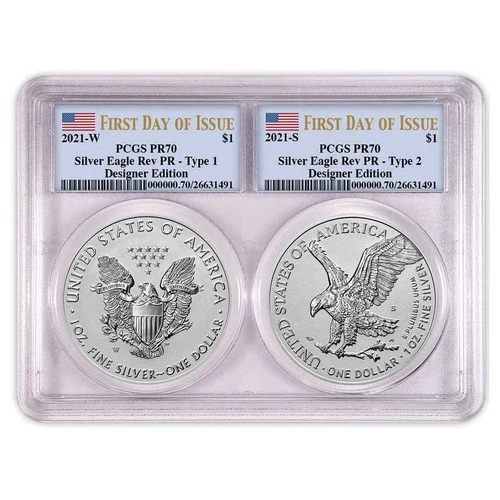 2021 Reverse Proof American Silver Eagle Designer 2pc Set PCGS PR70 FDOI Flag