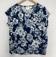 C&C CALIFORNIA Top M Linen Slub Jersey Hibiscus Tropical Cap Sleeve Blue