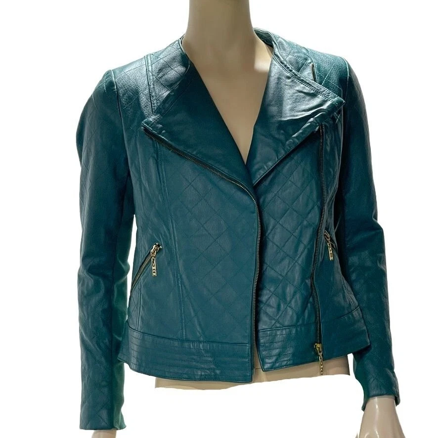 Chaqueta de moto asimétrica de cuero verde azulado Iman XS bolsillos con cremallera para mujer talla pequeña Foto 2 de 4