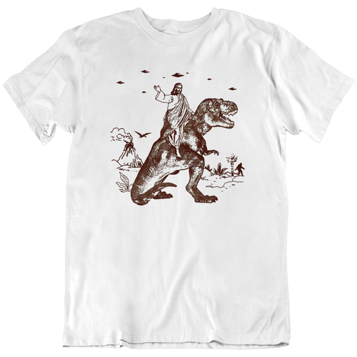 Jesus Riding Dinosaur UFO Christian God 