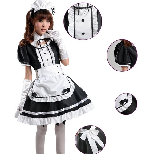 Women Maid Dress Striped Ruffle Apron Lolita Waitress Costume Japanese Cosplay - Picture 4 of 18