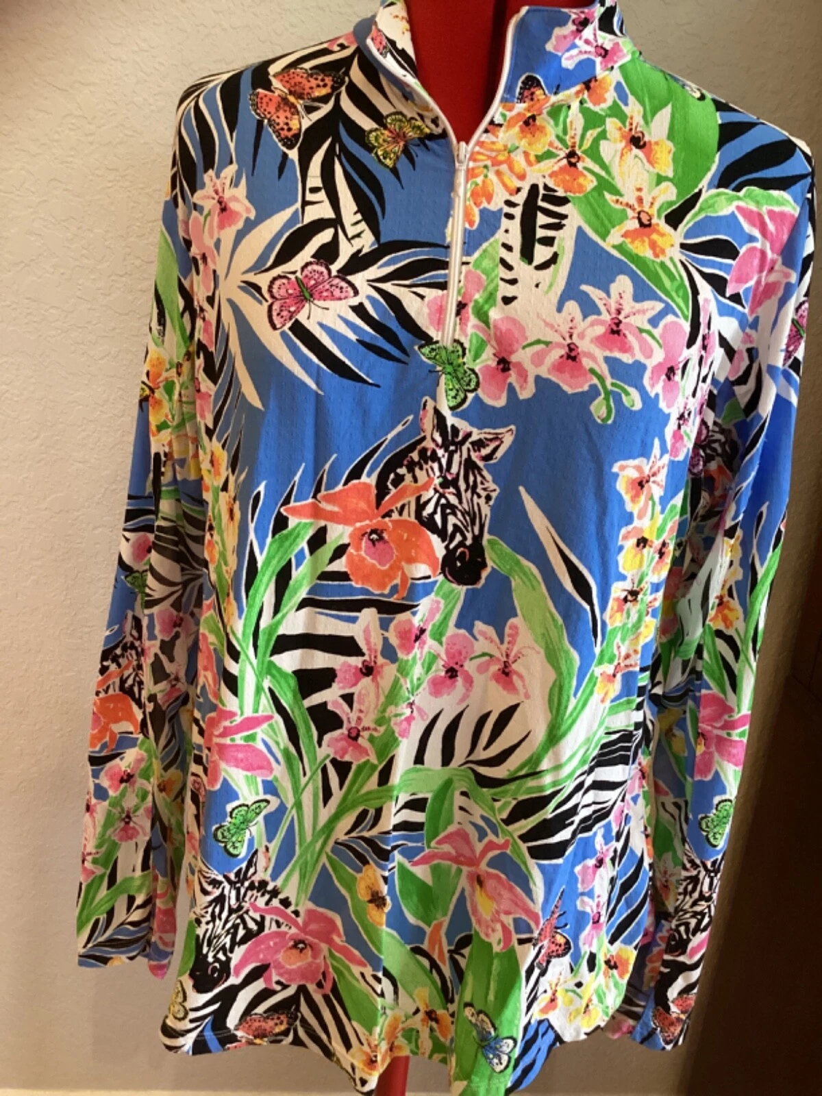 Gottex Mock Neck Sun Shirt -Zebrina Blue/Multi Sz XL NWOT