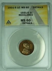 1931-S Lincoln Wheat Cent 1C Coin ANACS MS 60 Details (10) B