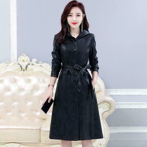 Элегантный женщин искусственной кожи Тренч длинный с капюшоном ветровка пальто парка KDQM - Изображение 3 из 4