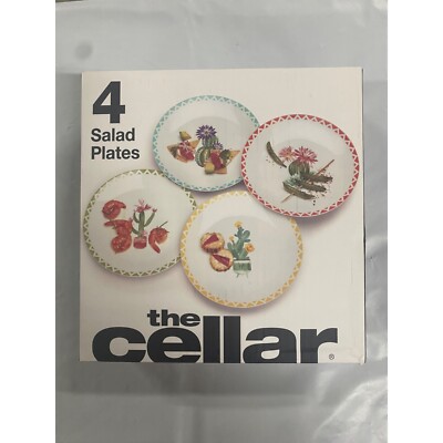 The Cellar Southwest Cactus 4 Salad Plates Porcelain White Set of 4 NWB
