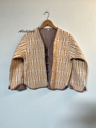 Indian Handmade Chevron Printed Cotton Quilted Jacket Vintage Reversible Jacket - Picture 7 of 7