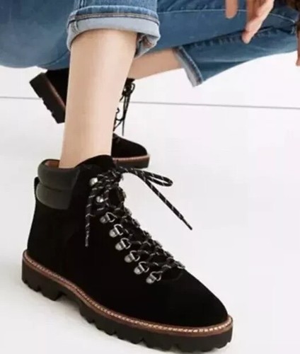 Madewell Citywalk Lugsole Hiker Boot Black Suede/Leather Cloudlift Lace Up 8.5