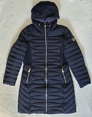 Bernardo Women's M Navy Micro Touch EcoPlume Puffer Hooded Walker Coat 