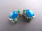 Vintage Coro Silver Tone Chunky Blue Lucite Egg Rhinestone Clipback Earrings