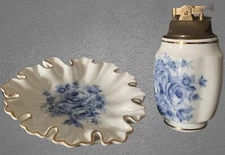 Enesco Cigarette Lighter & Ashtray - 2 pieces white with blue roses