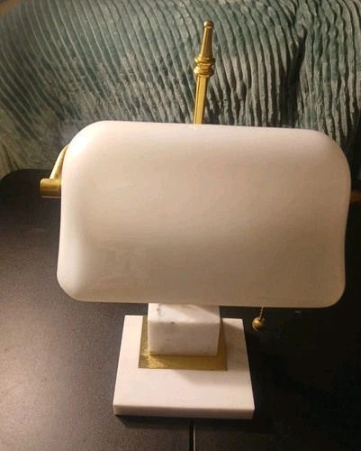 Vintage Brass White Marble Bankers Lamp White Milk Glass Shade Underwriters Lab