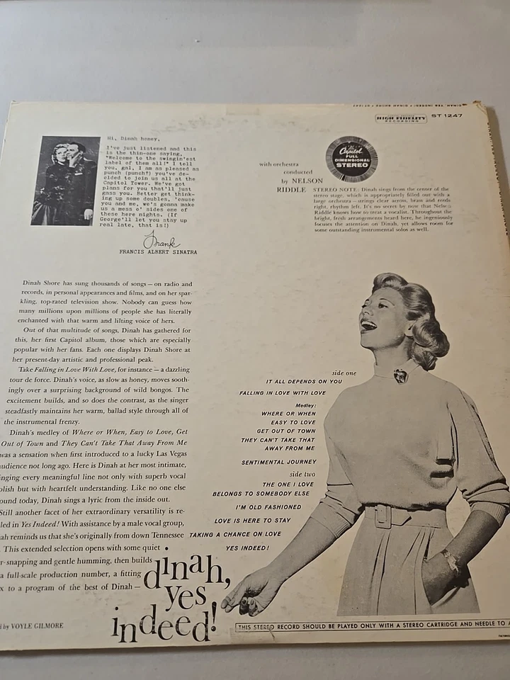 Dinah Shore Dinah, Yes Indeed! 33 RPM Vinyl LP  Capitol  1959 ST-1247  - Image 2 of 4