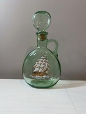 Vintage Green Glass Decanter Ship Design 1849 Motif with Cork Stopper