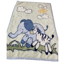 Baby Connection Baby Blanket Plush Elephant Zebra Safari Animal Blue Satin Trim