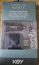 Key Charging Bundle 3.4 Amp dual Output Wall and Car Charger with USB-C Cable