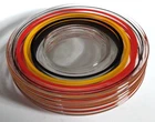 SIX Vtg 6.25" Glass Dessert Plates w/Red Gold & Black Bands/Rings Anchor Hocking