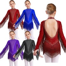 Kids Girls Bodysuit Classic Dancewear Cutout Leotard Samba Tassels Tango Latin