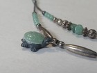 Vintage silver tone 20" green /silver Beaded chain,stone turtle pendant necklace — photo 3