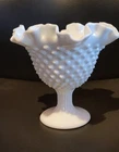 Fenton White Milk Glass Hobnail Pedestal Compote 6" Tall