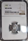 NGC MS-64 BN 1907 Indian Head Cent, Razor-Sharp & Highly Lustrous.