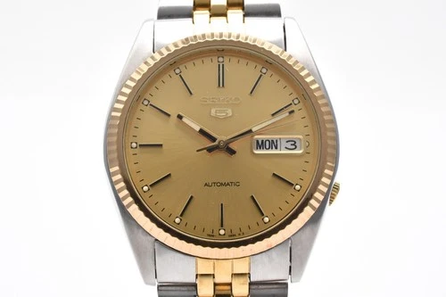 SEIKO5 7S26-3110 Vintage Automatic Men's Watch Gold Dial Two Tone Day/Date 36mm