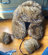 Brown Faux Fur Trapper Hat One Size Ear Flap Lined Fur Trim Winter