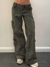 Button Low Waist Y2K Denim Pants Women Pockets Stitching Straight Cargo  Vintage
