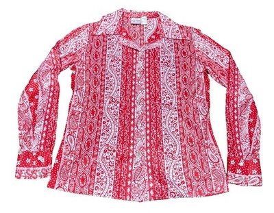 Vtg Graff Red White Filagree Blouse Sz 6 1970s Spear Point Collar Long Sleeve