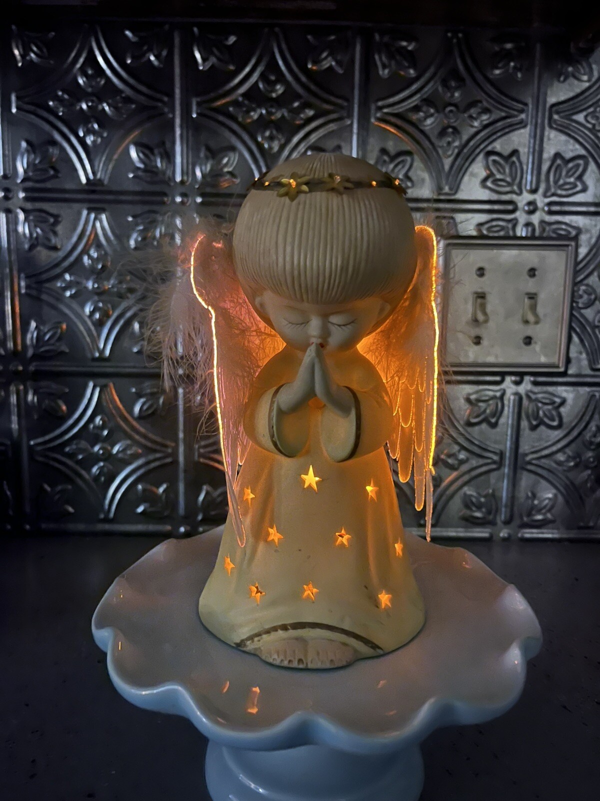 VTG Fiber Optic Praying Angel 8.5” Tall Ceramic Wings Feathers