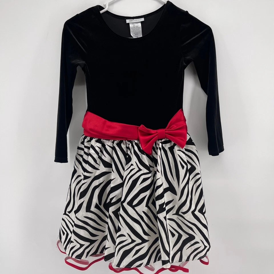 Vestido Bonnie Jean Terciopelo Cebra Rojo Lazo Manga Larga Fiesta Vacaciones 6X Foto 2 de 4